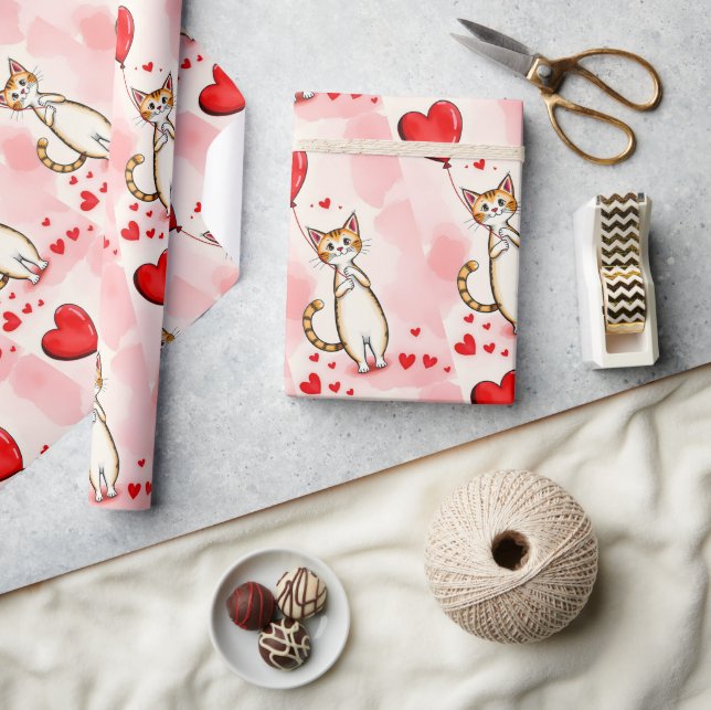 Valentine's Day Wrapping Paper Cat Red Hearts Geschenkpapier (Kunsthandwerk)