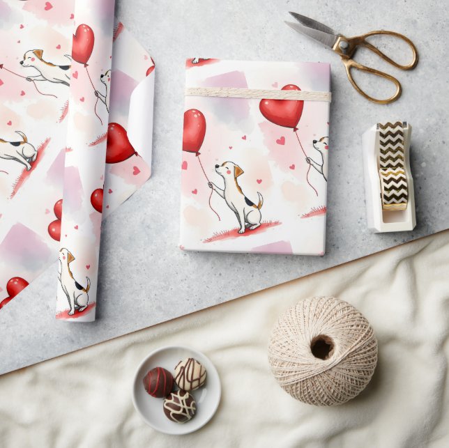 Valentine's Day Wrapping Paper Dog Red Hearts Geschenkpapier (Kunsthandwerk)
