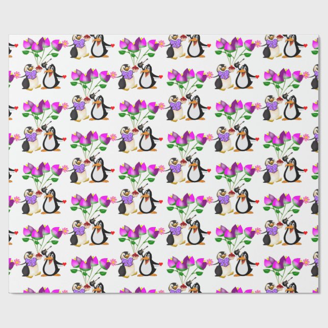 Valentine's Day Wrapping Paper Pinguin Hearts Geschenkpapier (Flach)