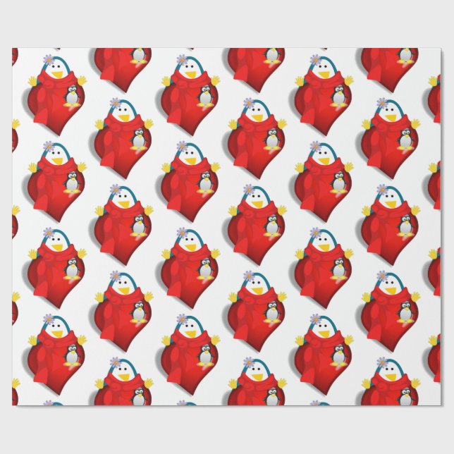 Valentine's Day Wrapping Paper Pinguin Hearts Geschenkpapier (Flach)