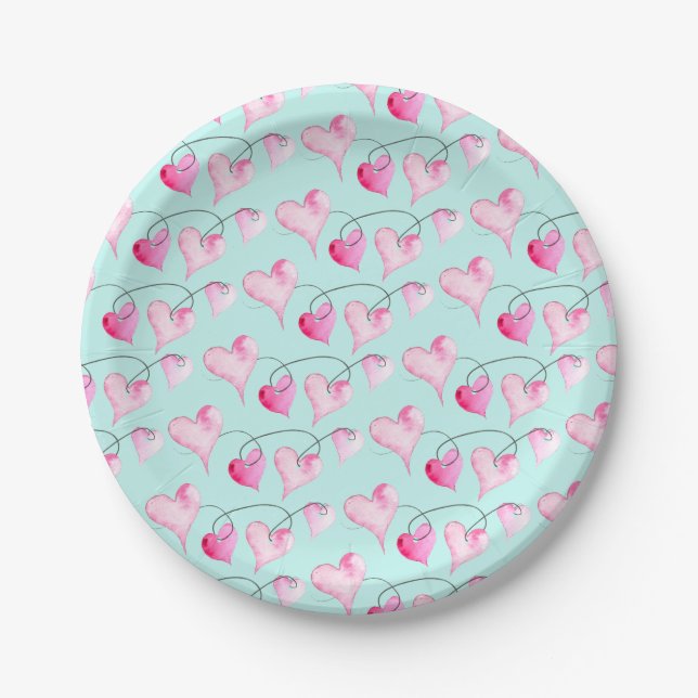 Valentines Decor Aquarellfarben Rosa Herzen Pappteller (Vorderseite)