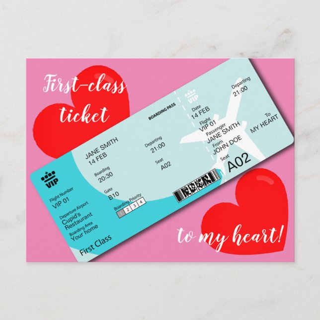 Valentine's Dinner Einladung Boarding Pass Postkarte (Vorderseite)