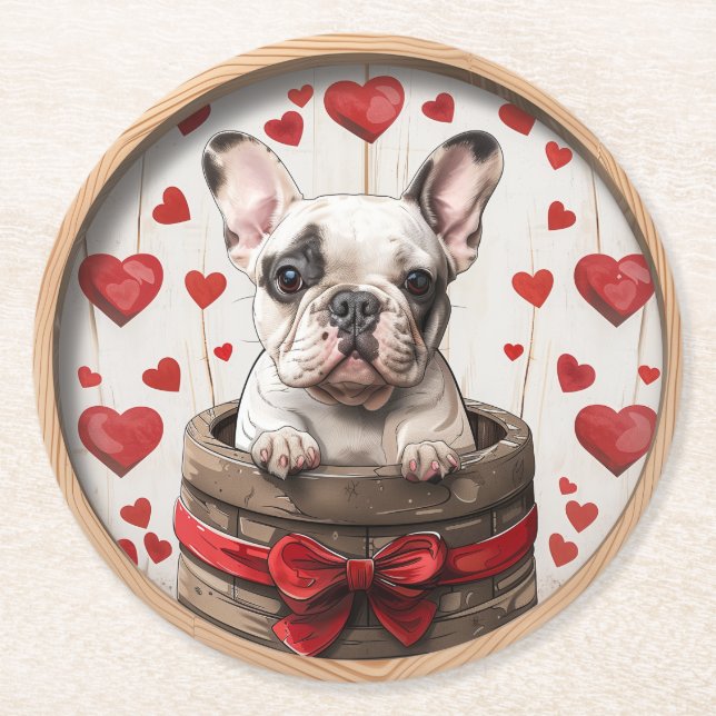 Valentines French Bulldog Runder Pappuntersetzer (Vorderseite)