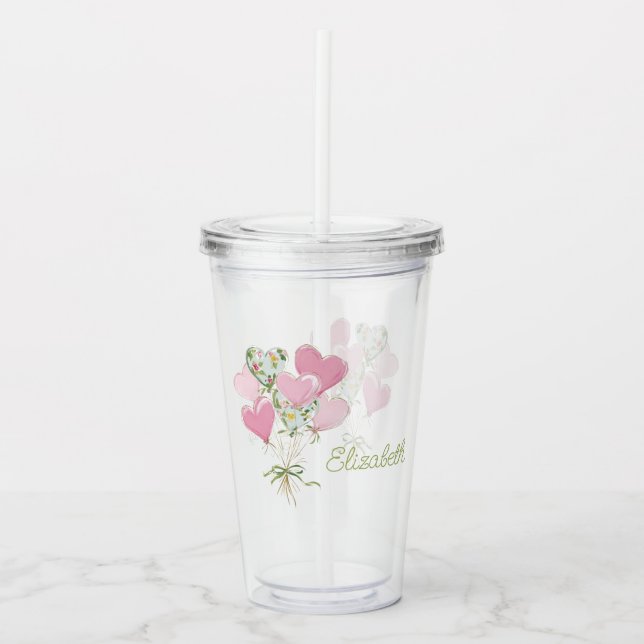 Valentine's Heart Pink and Green Heart Balloons Acryltrinkbecher (Vorderseite)