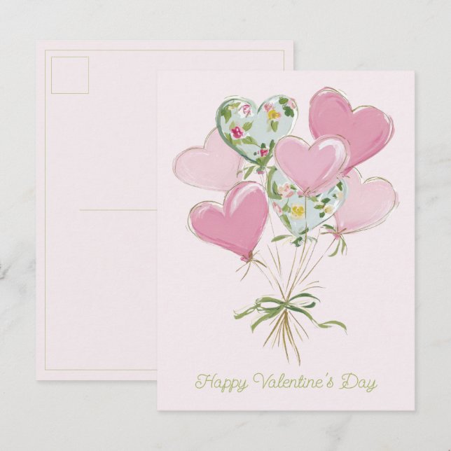 Valentine's Heart Pink and Green Heart Balloons Postkarte (Vorne/Hinten)