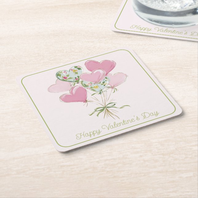 Valentine's Heart Pink and Green Heart Balloons Rechteckiger Pappuntersetzer (angewinkelt)