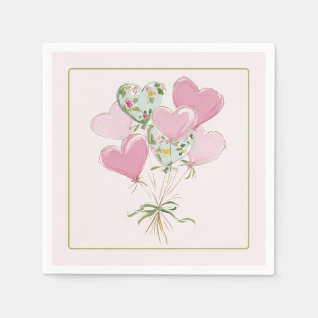 Valentine's Heart Pink and Green Heart Balloons Serviette (Vorderseite)