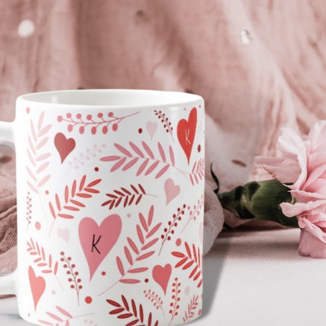 Valentines Heart Pink Red Stylish Muster Monogram Kaffeetasse (Von Creator hochgeladen)