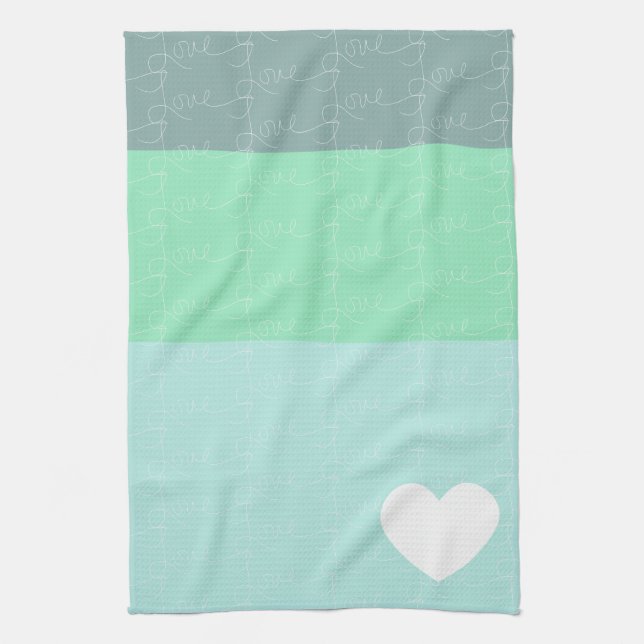 Valentines Herz Hand Gezeichnet Liebe Blue Green Geschirrtuch (Vertikal)