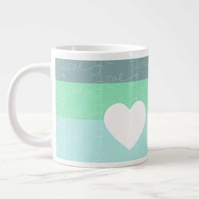 Valentines Herz Hand Gezeichnet Liebe Blue Green Jumbo-Tasse (Links)