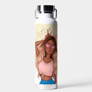 Valentines Imitate Glitzer Girl Tan Haar Braun Ros Trinkflasche