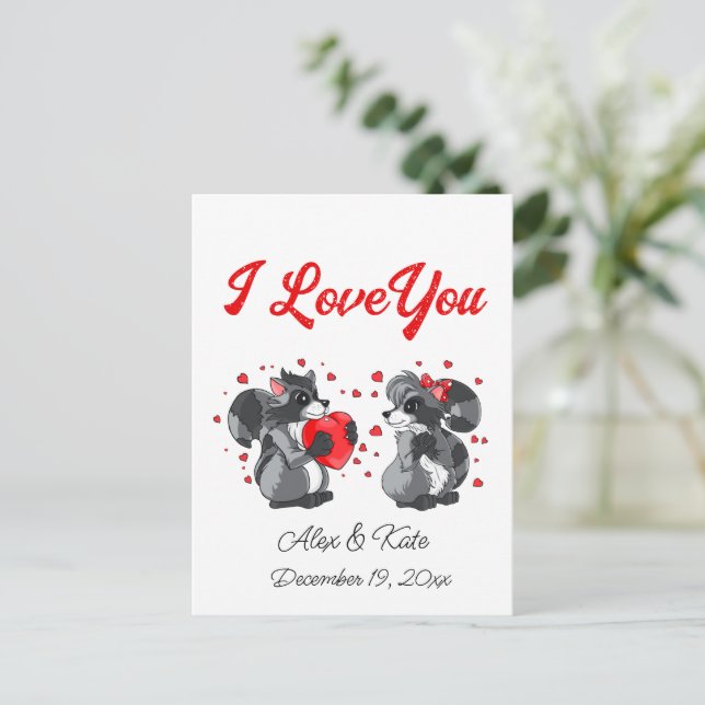 Valentines Raccoon Grußkarte Postkarte (Stehend Vorderseite)