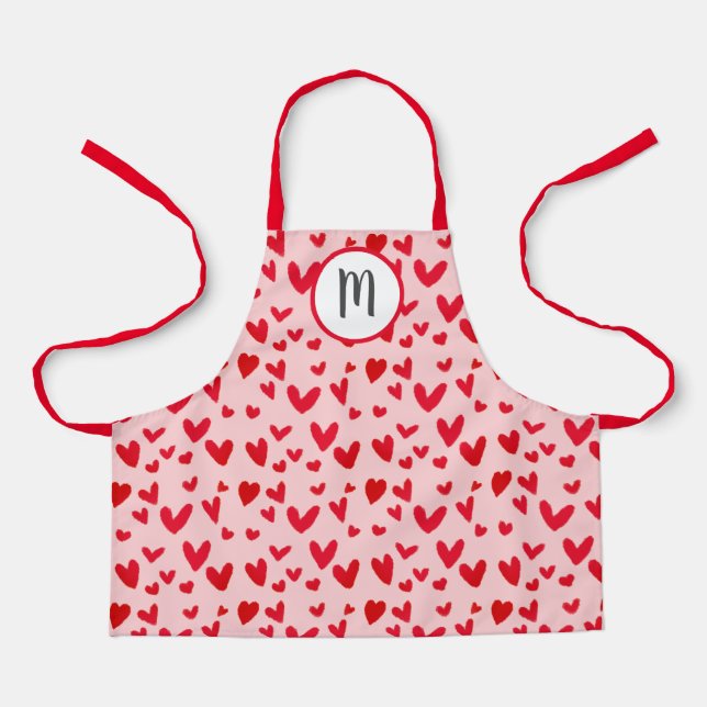 Valentines Red Doodle Hearts Muster Monogram Kids Schürze (Vorderseite)