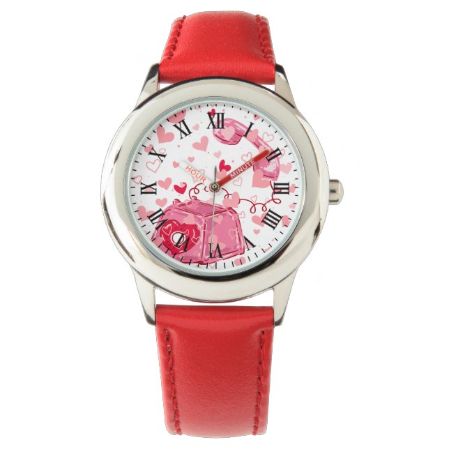 Valentine's Red Leather Vintage Love Heart Watch Armbanduhr (Vorderseite)