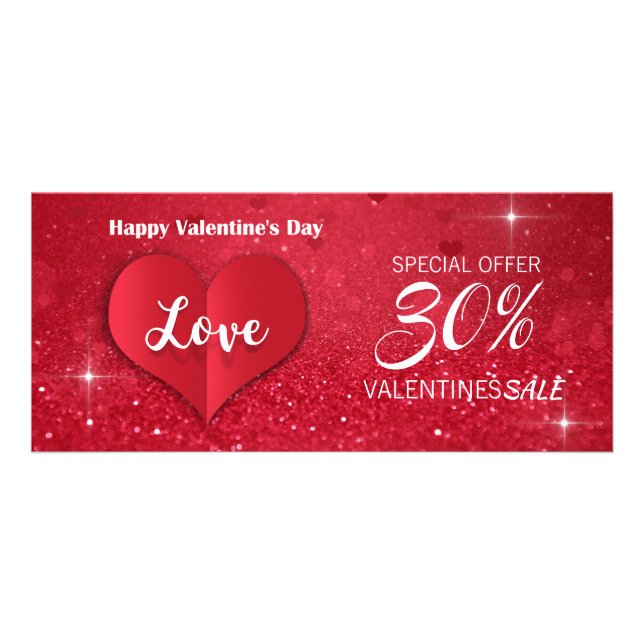 Valentines Red Paper Heart Glitzer - Discount Card Werbekarte (Vorne)