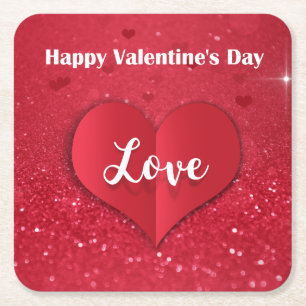 Valentines Red Paper Heart Glitzer - Paper Unterse Rechteckiger Pappuntersetzer