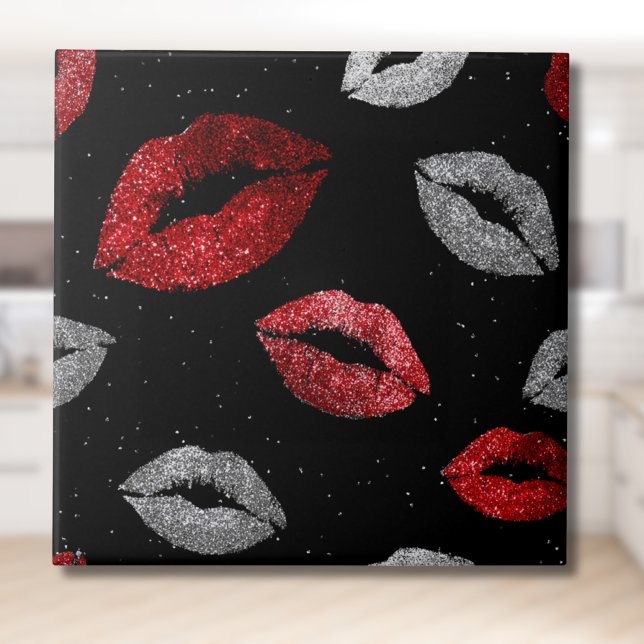 Valentines Red Silver Glitter Lips on Black  Fliese (Von Creator hochgeladen)