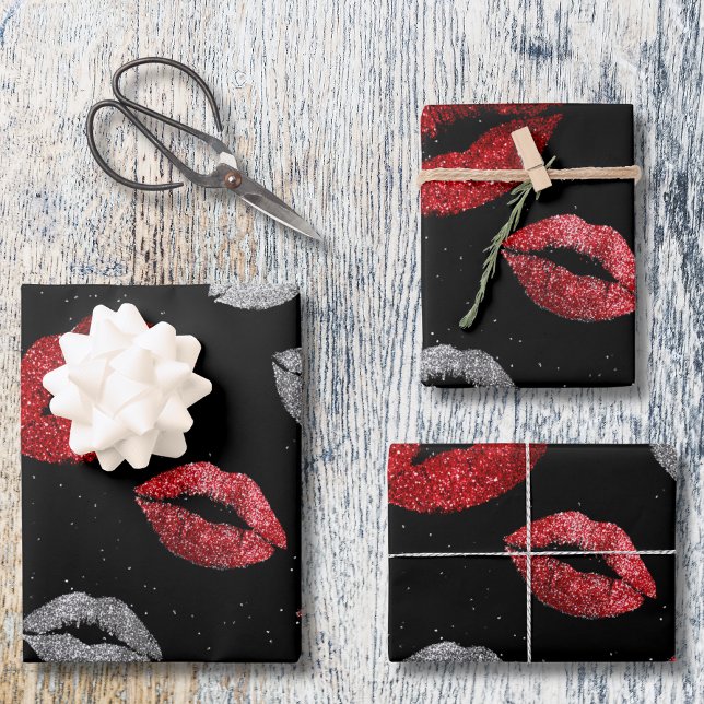 Valentines Red Silver Glitter Lips on Black  Geschenkpapier Set (Von Creator hochgeladen)