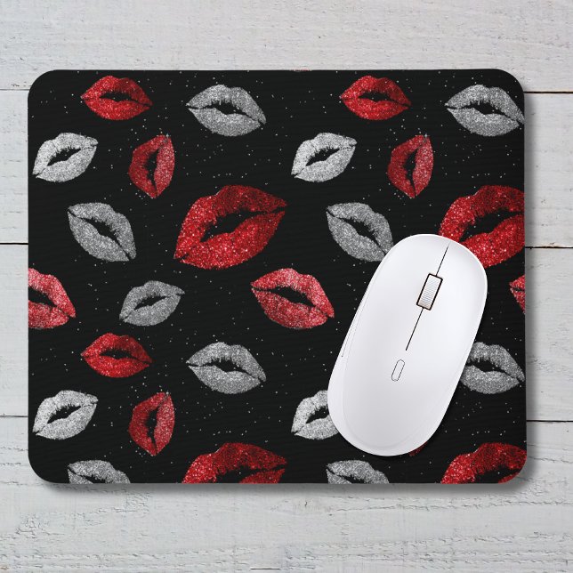 Valentines Red Silver Glitter Lips on Black  Mousepad (Von Creator hochgeladen)