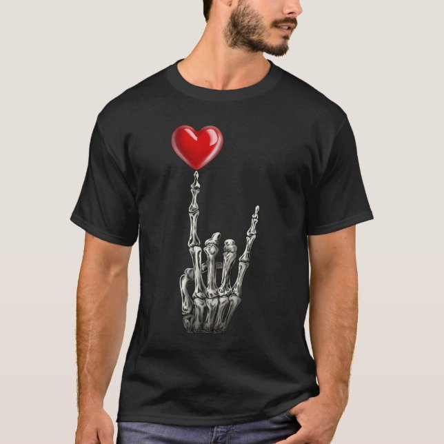 Valentines Rock Star Skeleton Hand Sign Herz T-Shirt (Vorderseite)