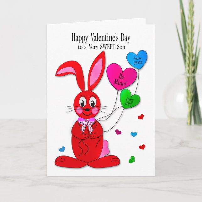 Valentines  Son Red Bunny Heart Balloons Karte (Vorderseite)