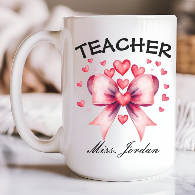 Valentine's Teacher Coffee Tasse, Individuelle Nam Kaffeetasse (teacher Valentine’s mug, custom name mug, coquette bow mug, Valentine’s gift for teacher, )