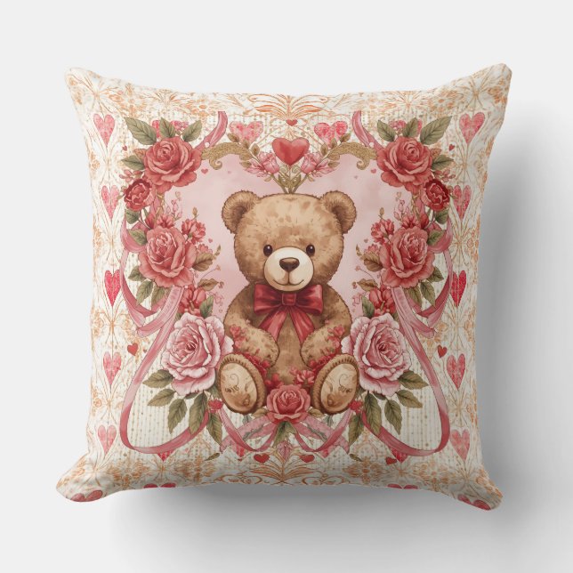 Valentine's ,Teddy Bear,Pink Love Heart and Flower Kissen (Vorderseite)