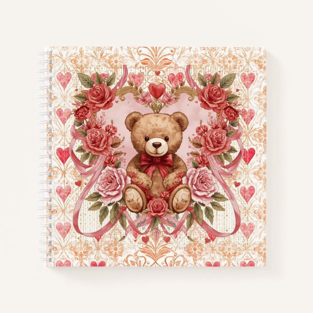 Valentine's ,Teddy Bear,Pink Love Heart and Flower Notizbuch (Vorderseite)