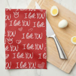 Valentine's Thema Red White I Liebe You Pattern Geschirrtuch<br><div class="desc">Inspiriert vom Valentinstag präsentiert dieses Design reizende,  von Hand gezeichnet Herzen und den mitreißenden Satz "I Liebe you" in wunderschön handgeschriebener Typografie. Dieses nahtlose Muster ist perfekt geeignet,  um jedem Anlass eine romantische Touch hinzuzufügen.</div>