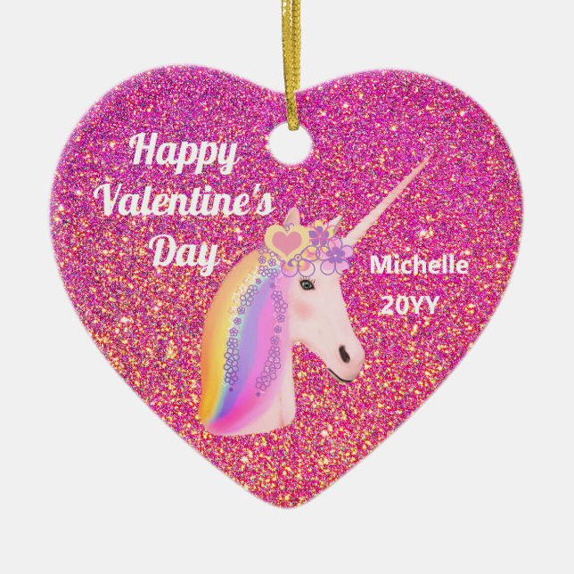 Valentines Unicorn Rosa Glitzer Personalisiert Keramik Ornament (Vorne)