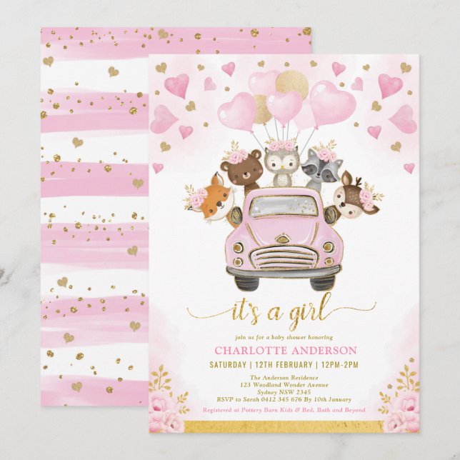 Valentines Woodland Pink Gold Balloons Babydusche Einladung (Vorne/Hinten)