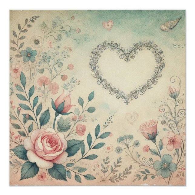 Valentinherz Vintage Pastellfarben Poster (Vorderseite)