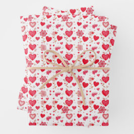 Valentinherzen und Blume in Rot und Rosa Geschenkpapier Set