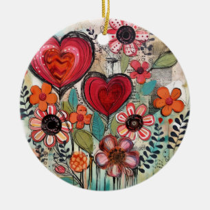 Valentinherzen und Blume Keramik Ornament