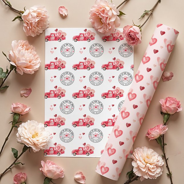Valentinherzen Wasserstraßenlkw Geschenkpapier Set (Special Delivery Valentine Hearts Watercolor Truck Wrapping Paper Sheets)