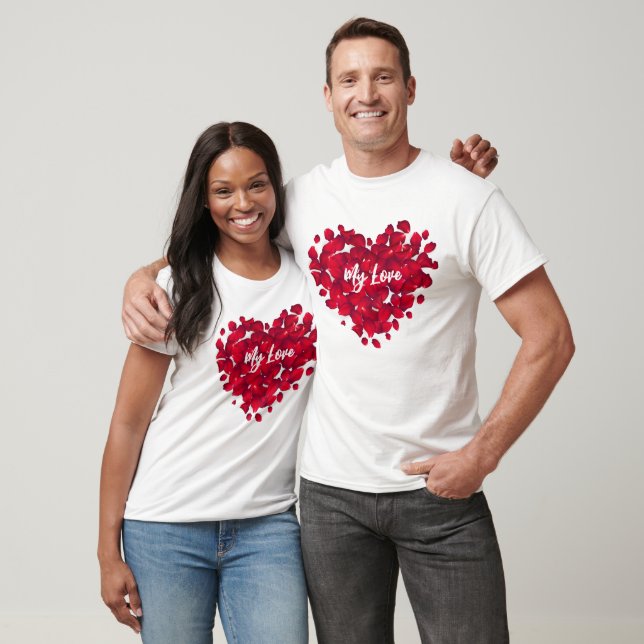 Valentinin Couple Custom Heart Rose Petals White T-Shirt (Unisex)