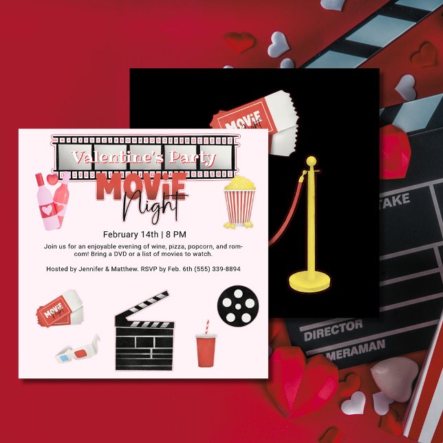 Valentinins Party Movie Night Square Einladung (Valentine's Party Movie Night Square Invitation)
