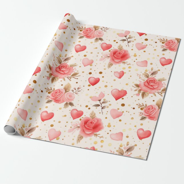 Valentinins pinkfarbene Rose und Herzen Geschenkpapier (Ungerollt)