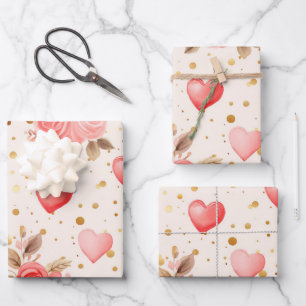 Valentinins pinkfarbene Rose und Herzen Geschenkpapier Set