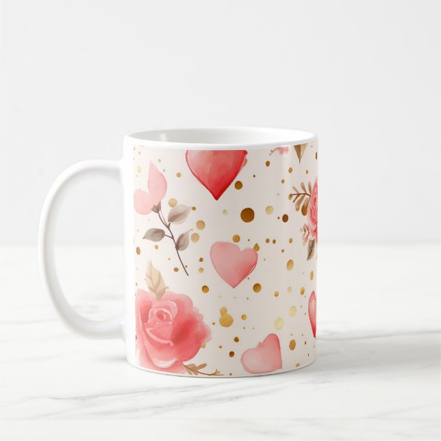 Valentinins pinkfarbene Rose und Herzen Kaffeetasse (Links)