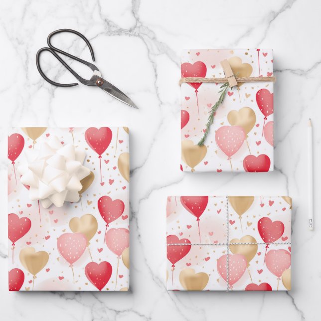 Valentinins rosa Rot- und Goldene Herzblasen Geschenkpapier Set (Vorderseite)