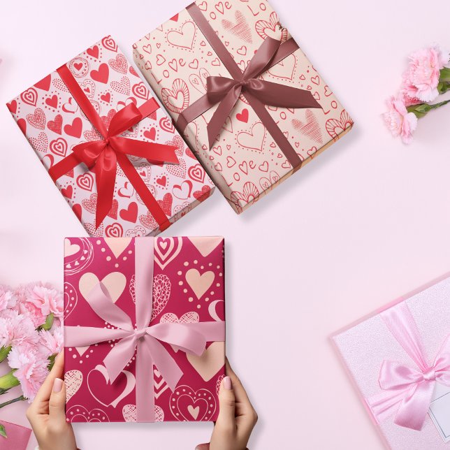 Valentinische Herzen in rosa Set von 3 Geschenkpapier Set (Valentine sweet hearts in pink set of 3 wrapping paper sheet)