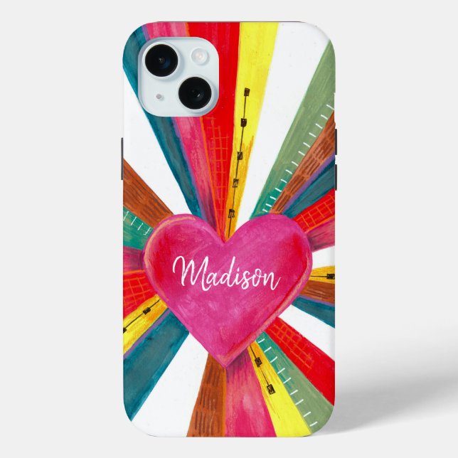 Valentinrosa Sonnenstrahlen Regenbogenretro Herz Case-Mate iPhone Hülle (Rückseite)