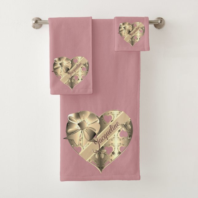 Valentins Bronze Pink Hearts Towel Badhandtuch Set (Insitu)