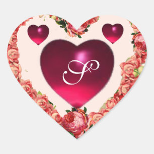 VALENTINS DACHHERZ MIT PINK ROSES MONOGRAM Herz-Aufkleber