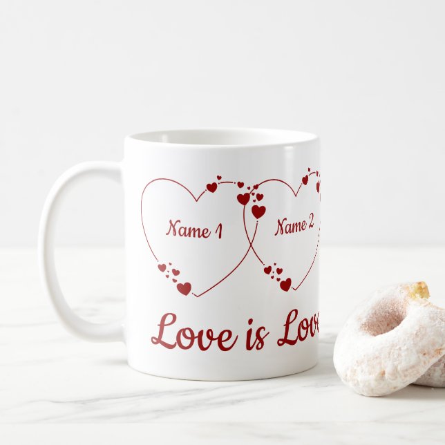Valentins Geschenk zwei Herzen zwei Namen Kaffeetasse (Mit Donut)