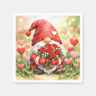 Valentins-Gnom mit rotem Rosenstrauß Serviette