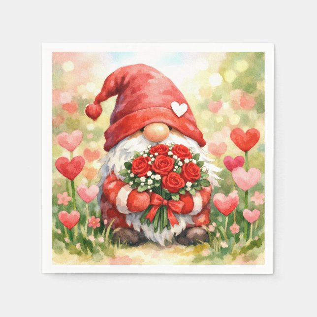 Valentins-Gnom mit rotem Rosenstrauß Serviette (Vorderseite)