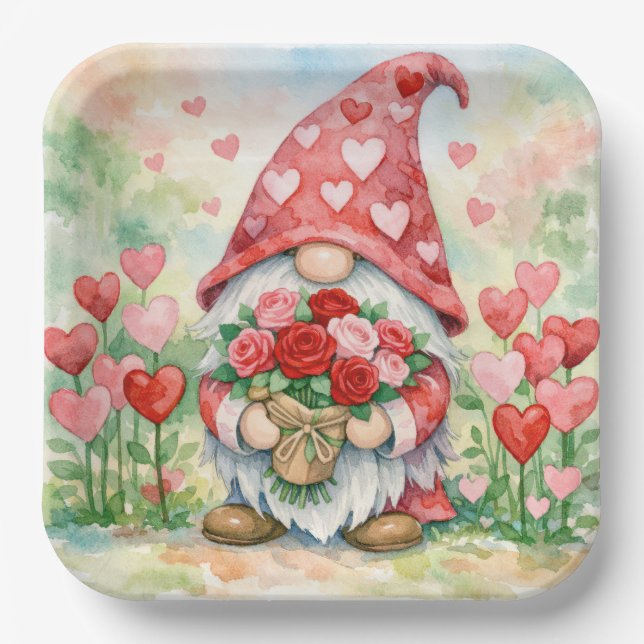 Valentins-Gnom mit roten Rosen Pappteller (Vorderseite)