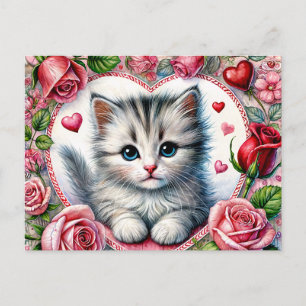 Valentins-Kätzchen mit roten Rosen Postkarte